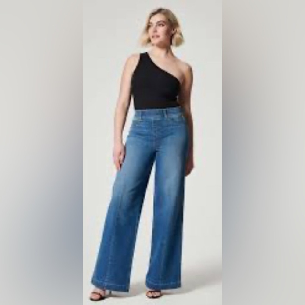 SPANX Sz XL Wide Leg Pull On Jeans Mid Wash Front Seam High Rise Comfort Waist
